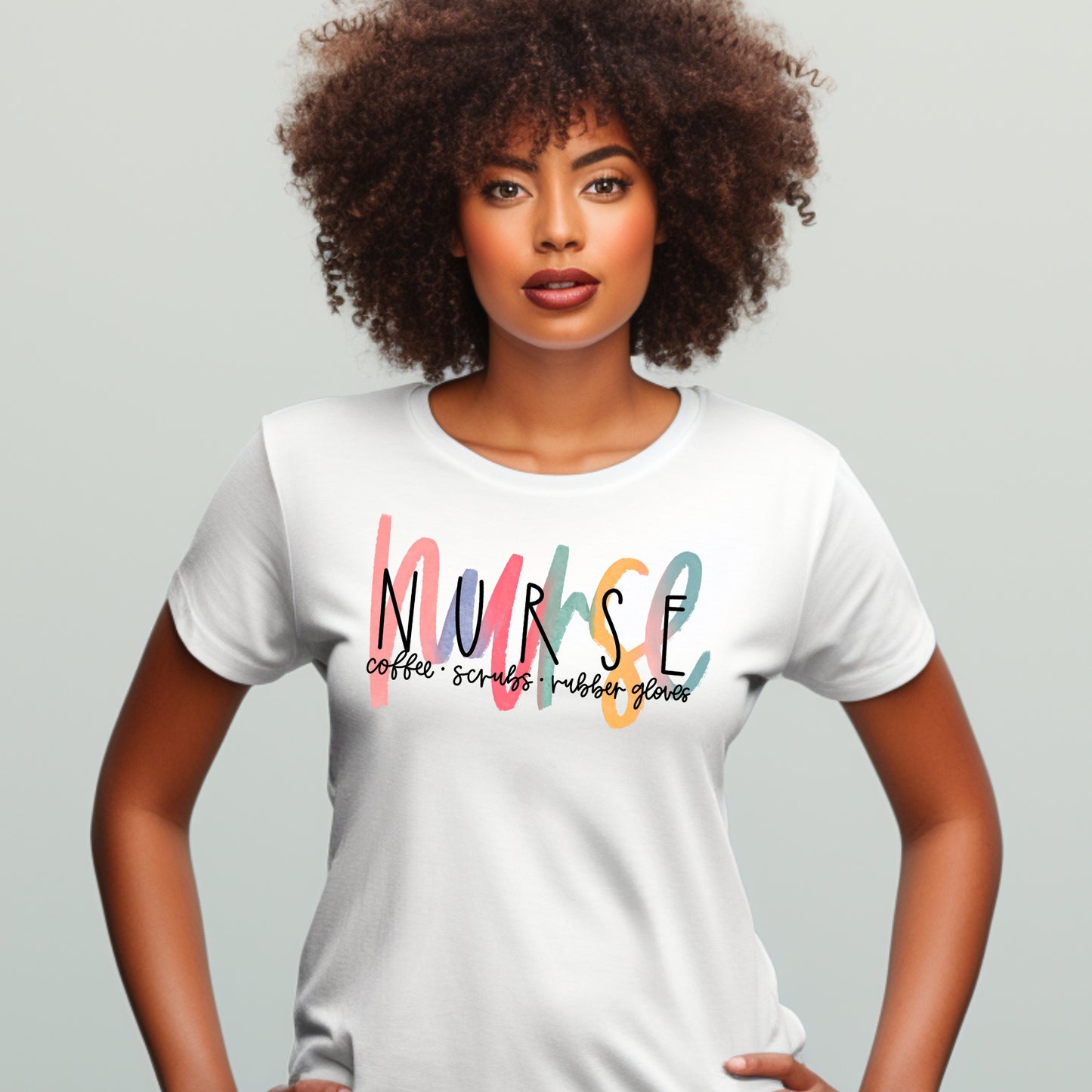 Nurse . coffee.scrubs.rubber gloves