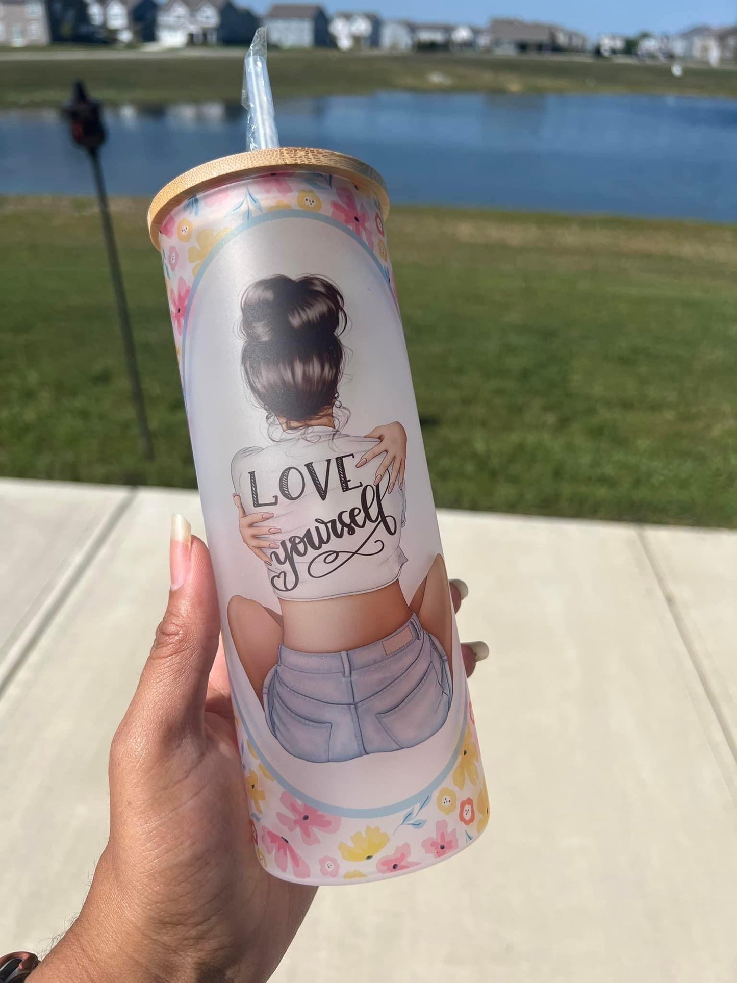 25oz Love Yourself Frosted Glass Tumbler
